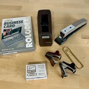 Vintage Office Supply Lot Stapler Scotch Tape Dispenser Rolodex Clips